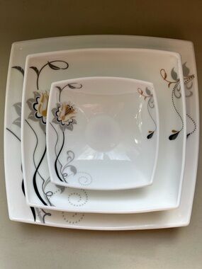 White Square Dinnerware Set with Yellow & Gray Floral Motif